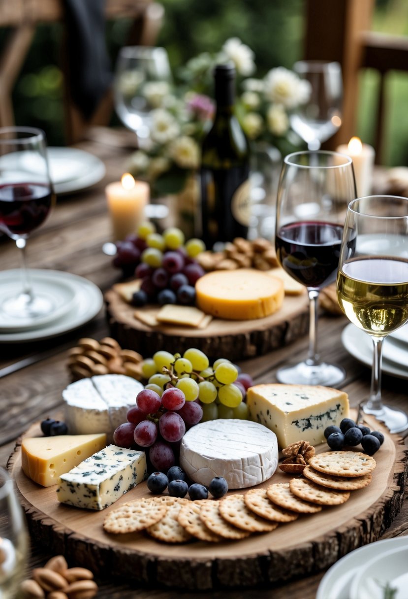 A table set with assorted local cheeses, grapes, nuts, crackers, and glasses of red and white wine for a wine and cheese tasting.