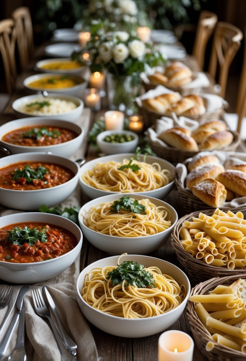A pasta buffet with various sauces, cooked pasta, and fresh bread arranged on a wooden table with simple decorations.