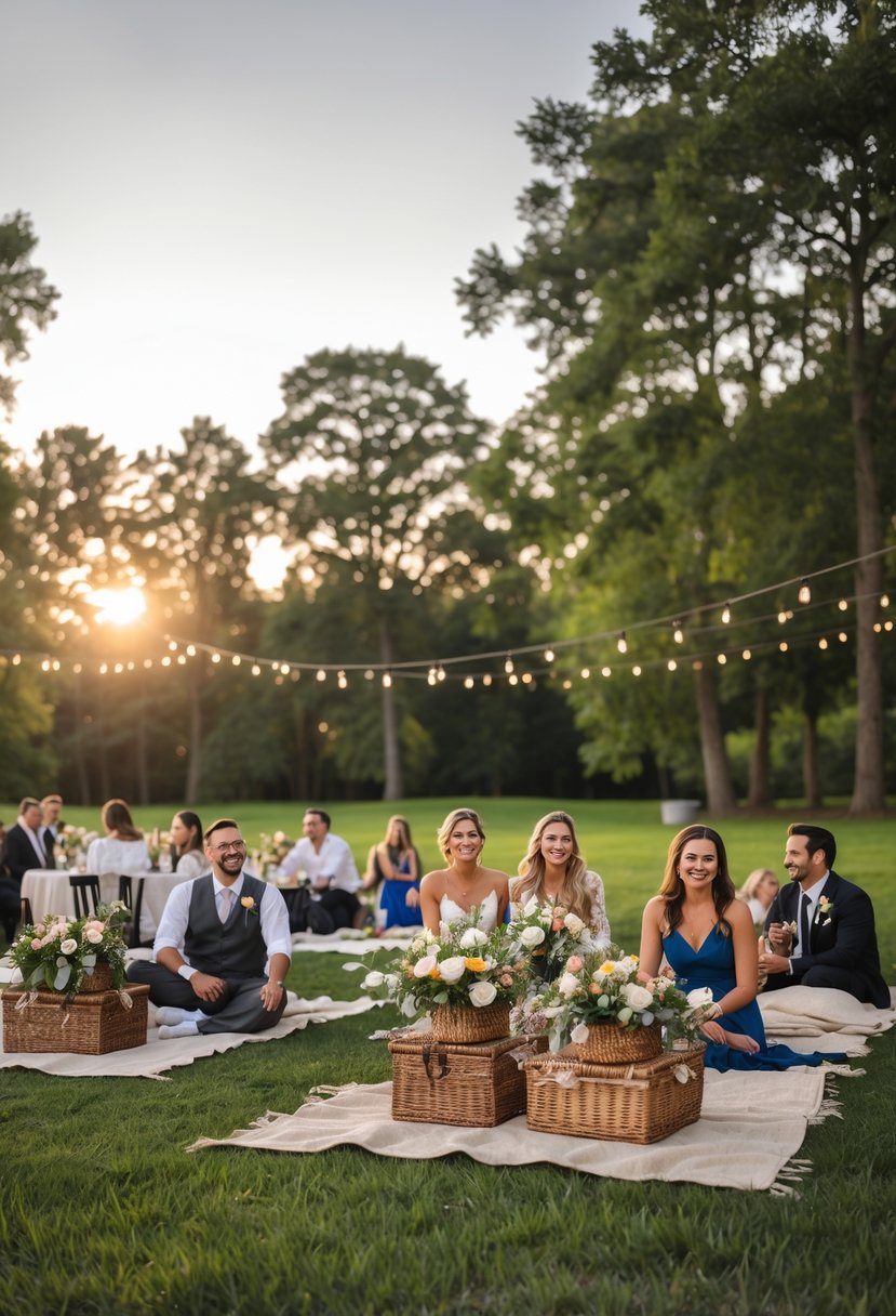 People enjoying a wedding rehearsal dinner outdoors on picnic blankets in a park surrounded by trees and baskets.