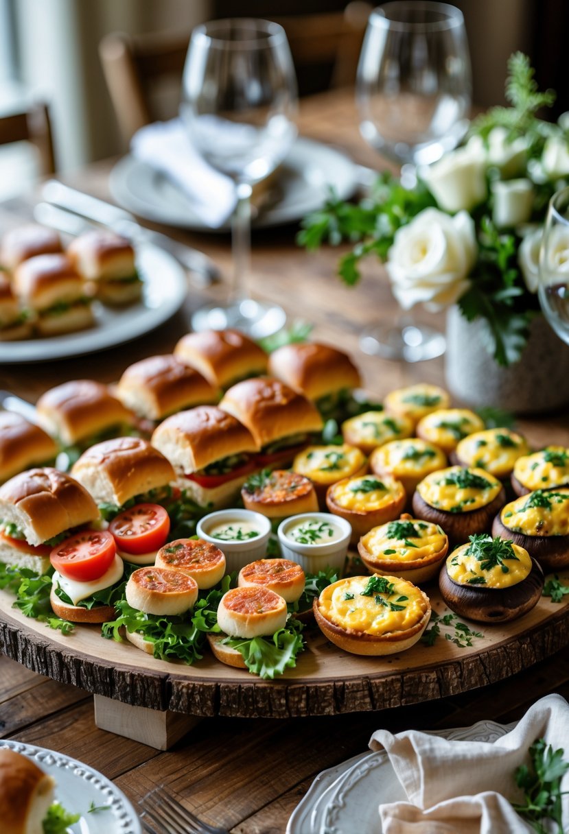 A platter of mini sliders, mini quiches, and stuffed mushrooms on a wooden table with elegant table settings in the background.