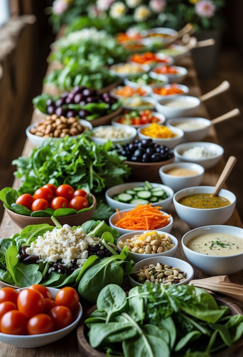 A salad bar with fresh greens, various colorful toppings, and several bowls of dressings arranged on a wooden table.