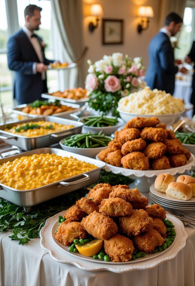 Buffet table with mac and cheese, fried chicken, and sides at a wedding rehearsal dinner with guests serving themselves.