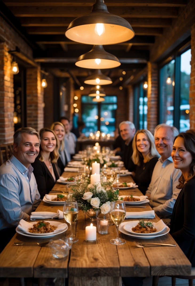 A small family-owned restaurant with a rustic wooden table set for a cozy wedding rehearsal dinner, featuring family and friends enjoying a warm and intimate meal together.