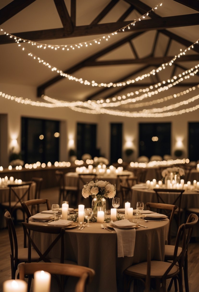 A rented hall decorated with candles on tables and fairy lights hanging from the walls and ceiling, set up for a wedding rehearsal dinner.