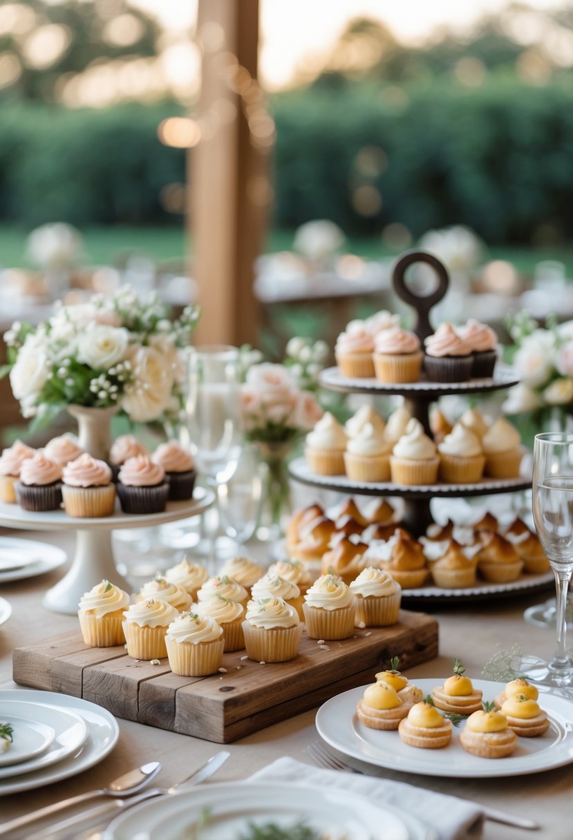 A table set outdoors with an assortment of cupcakes and pastries arranged for a wedding rehearsal dinner.