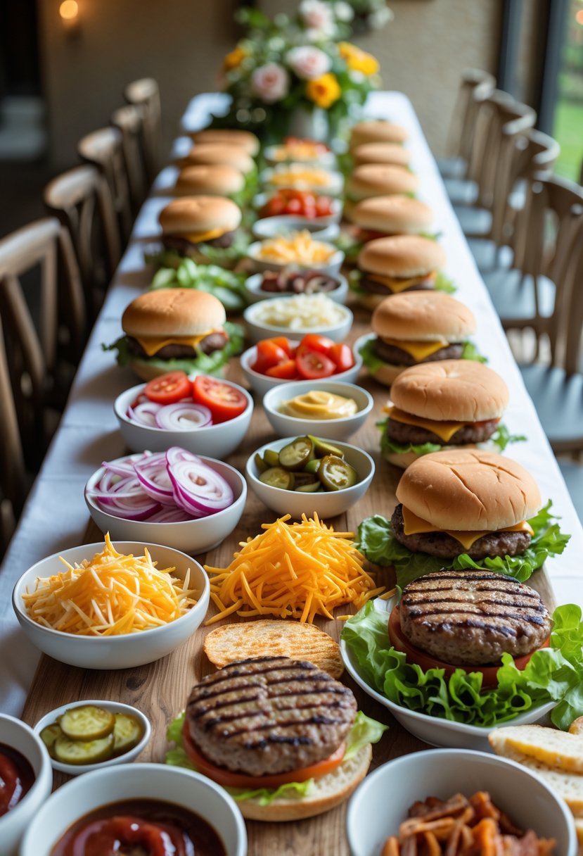 A burger station with buns, patties, and various toppings arranged on a table for guests to build their own burgers.