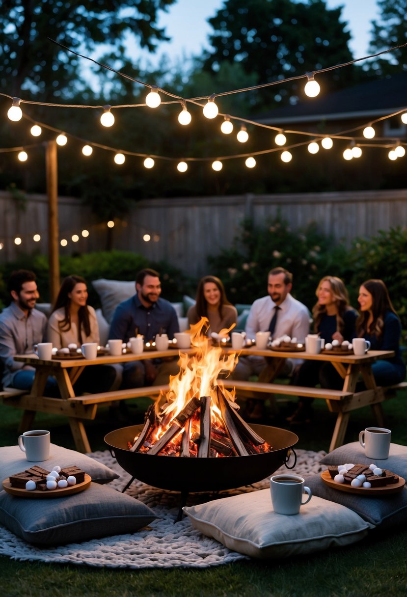 People gathered around a backyard bonfire with s’mores and hot cocoa on tables under string lights in a garden setting.