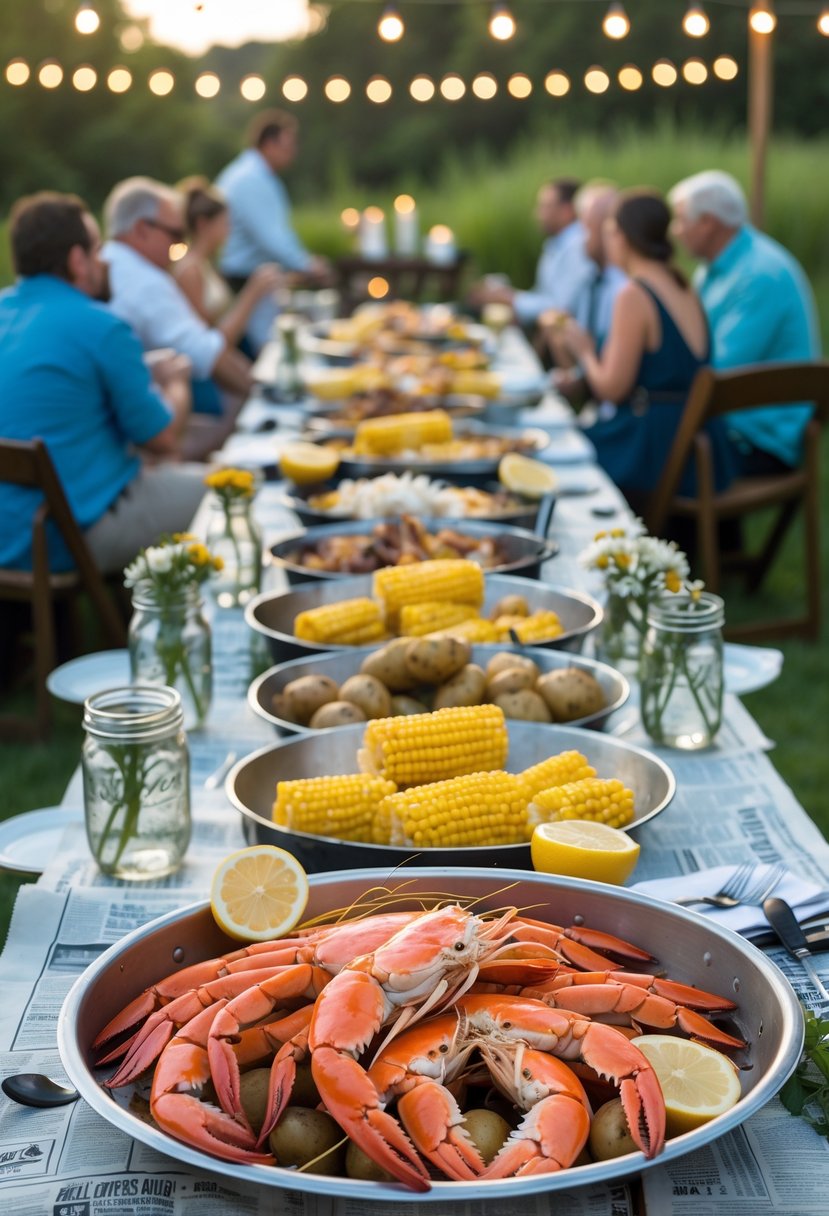 People enjoying a casual seafood boil served on newspaper-covered tables outdoors with seafood, corn, and potatoes.