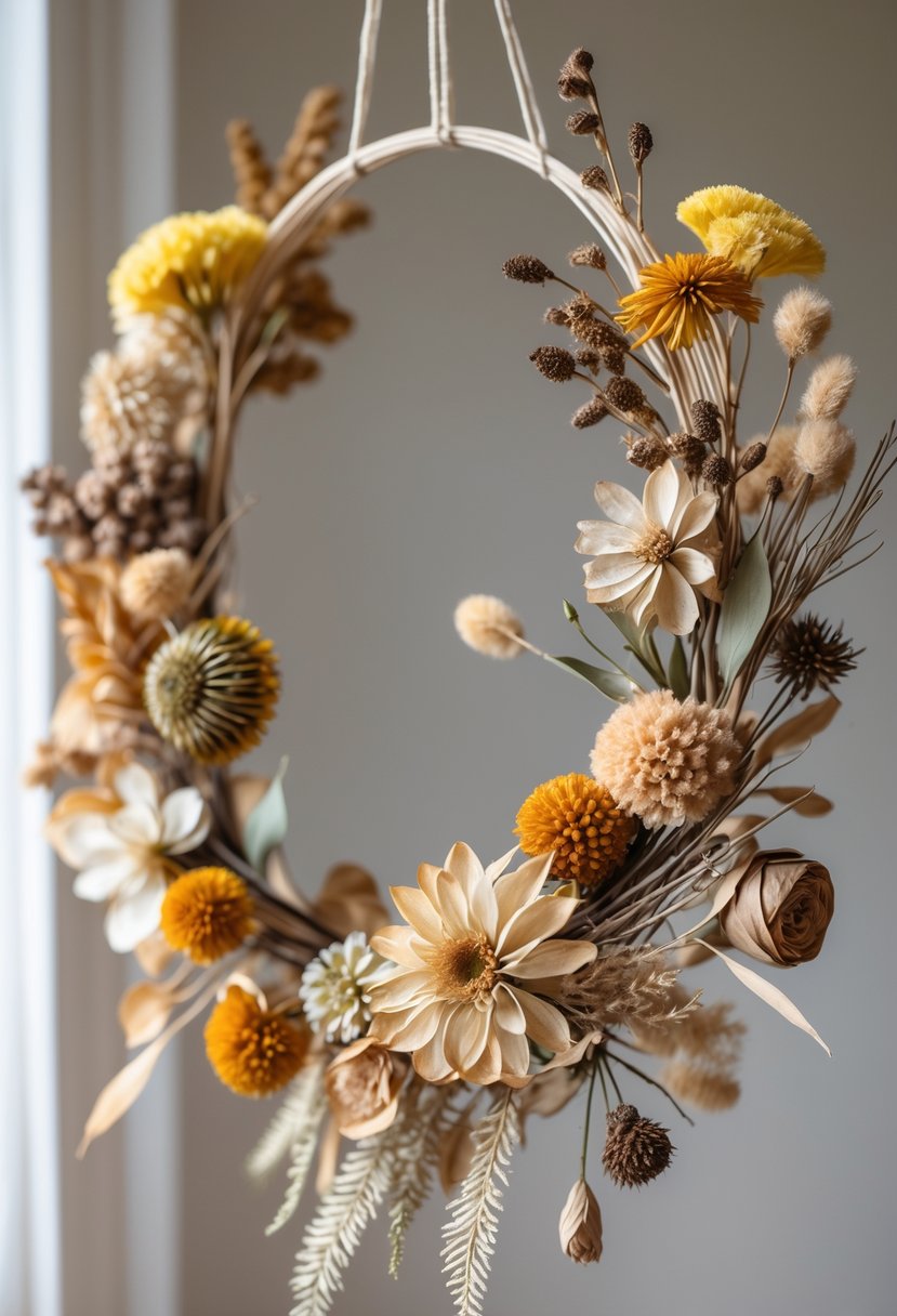A decorative garland made of various dried flowers hanging against a plain background.