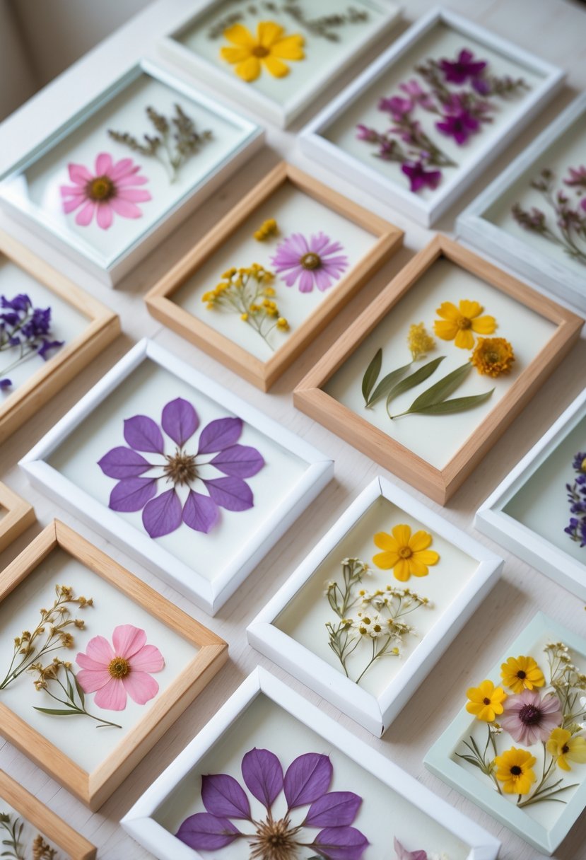 Sixteen framed pressed flower artworks arranged on a wooden surface, each containing colorful dried flowers.