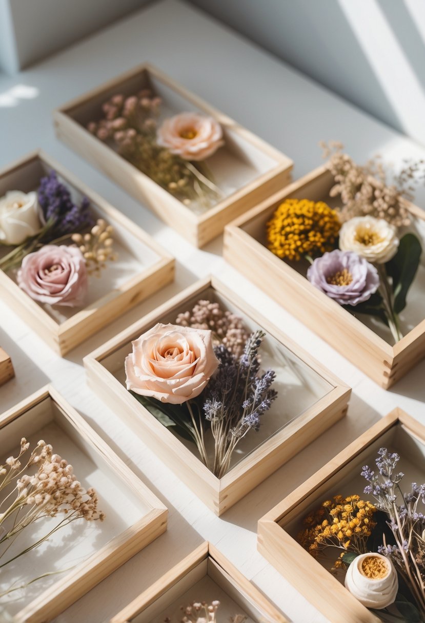 A collection of wooden shadow boxes displaying various colorful dried flower arrangements on a light wooden surface.