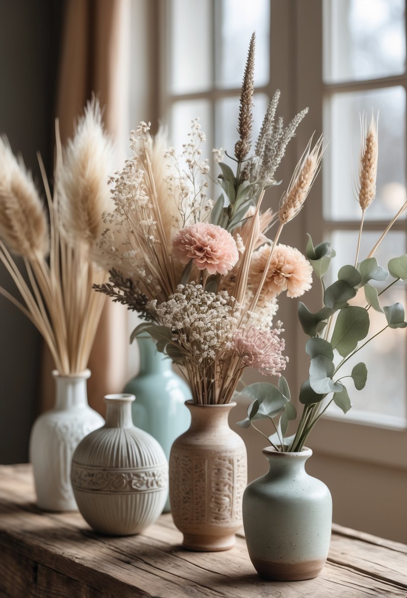 Several dried flower bouquets arranged in vintage vases on a wooden table with soft natural lighting.