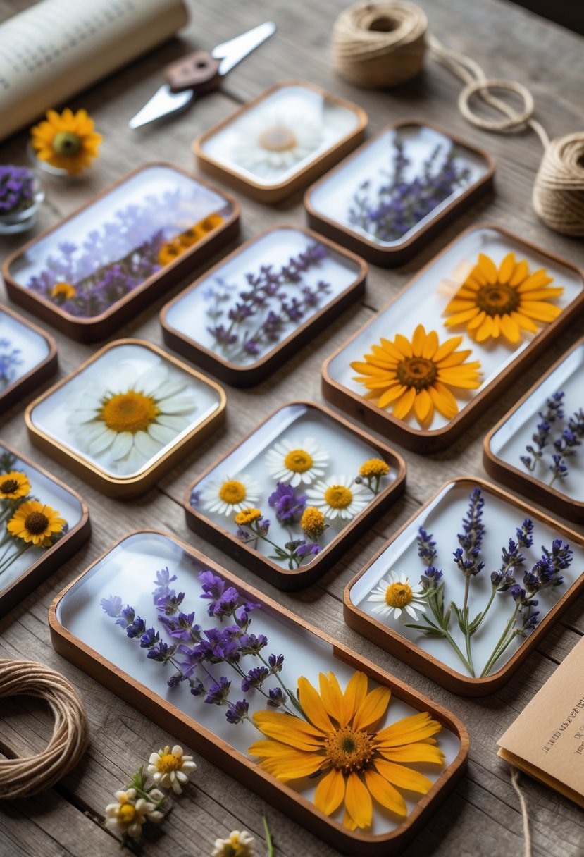 A collection of handmade dried flower bookmarks arranged on a wooden table with various dried flowers visible inside each bookmark.