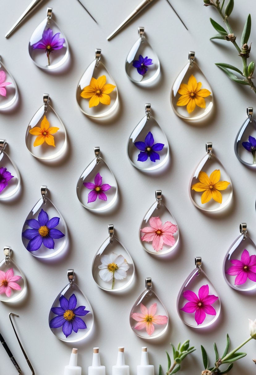 Close-up view of sixteen floral resin jewelry pendants with dried flowers inside, arranged neatly with crafting tools on a plain background.