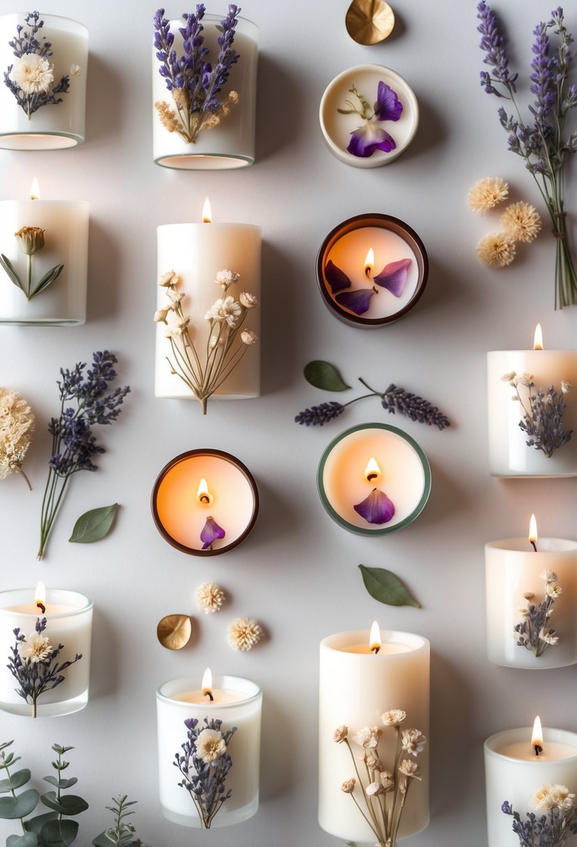 A collection of sixteen candles decorated with various dried flowers arranged neatly on a plain surface.