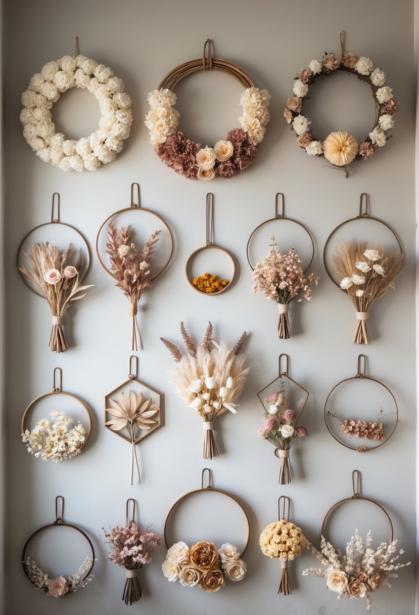 Sixteen dried flower wall hangings displayed on a neutral wall, featuring various natural-colored flowers arranged in different shapes and styles.