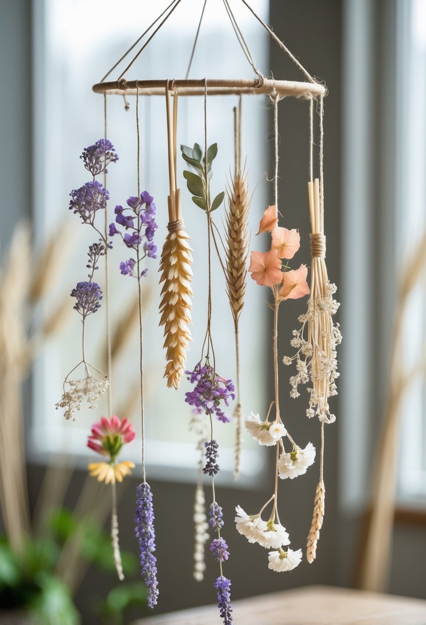 A hanging mobile made of various dried flowers arranged at different heights against a neutral background.