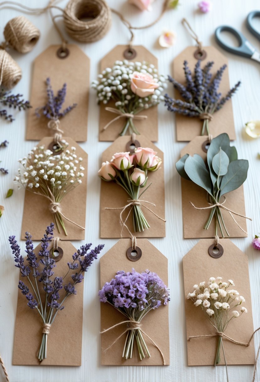 Sixteen dried flower decorated gift tags arranged on a wooden surface surrounded by crafting materials.