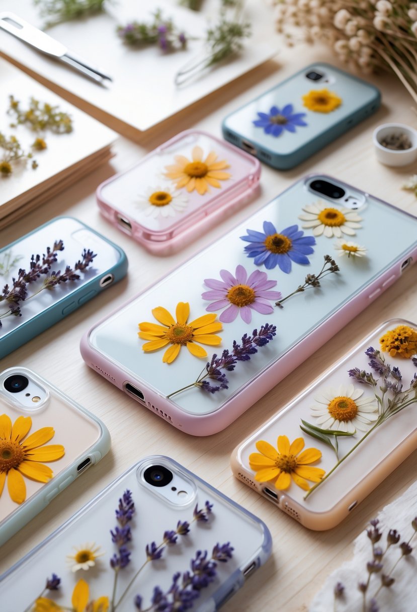 A collection of phone cases decorated with colorful pressed dried flowers arranged on a wooden surface with crafting tools nearby.