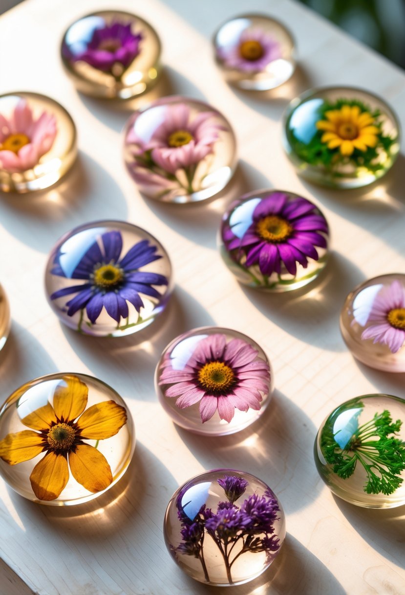 A collection of sixteen dried flower resin paperweights arranged on a wooden table, each containing different colorful dried flowers encased in clear resin.