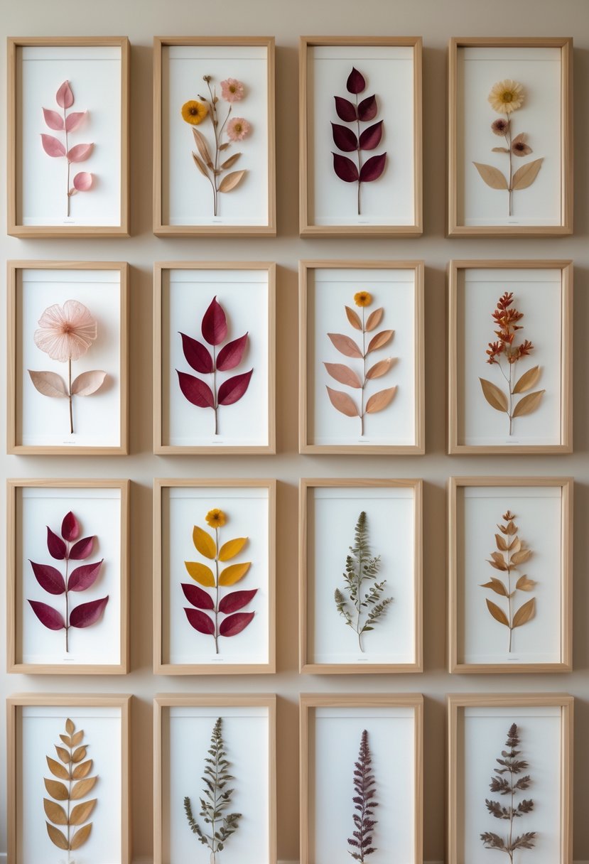 Sixteen framed dried flower artworks arranged in a neat grid on a wall.