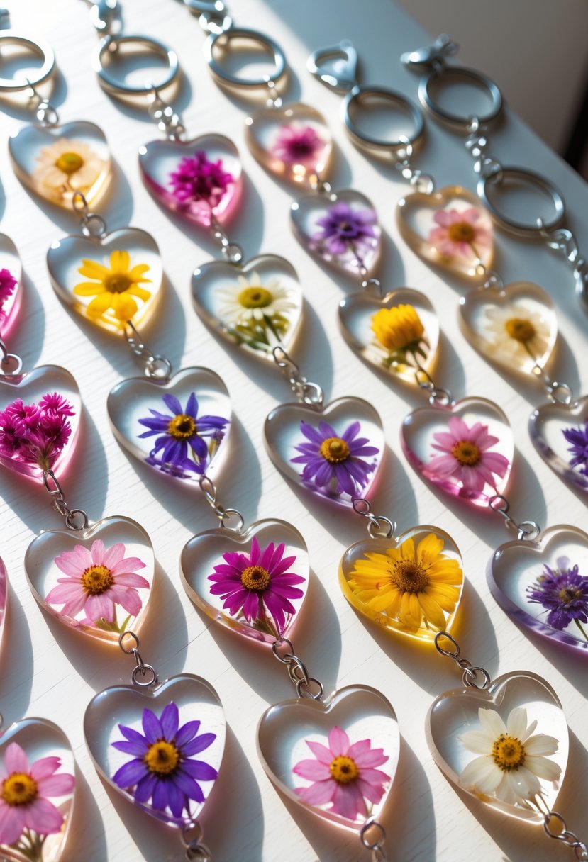 A collection of sixteen floral resin keychains with dried flowers inside, arranged on a wooden surface.