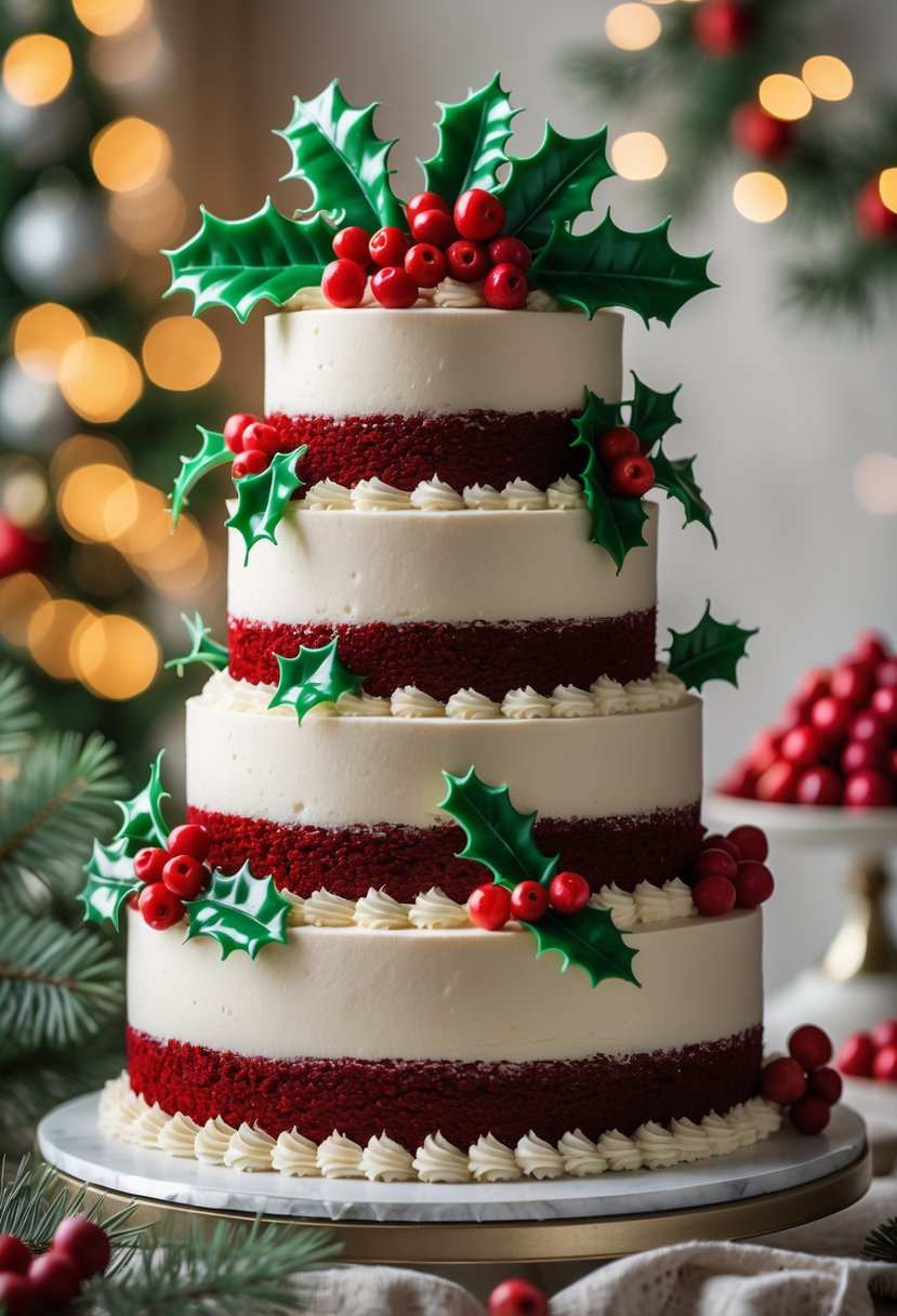 A multi-tiered red velvet cake decorated with holly leaves and red berries on a festive surface.