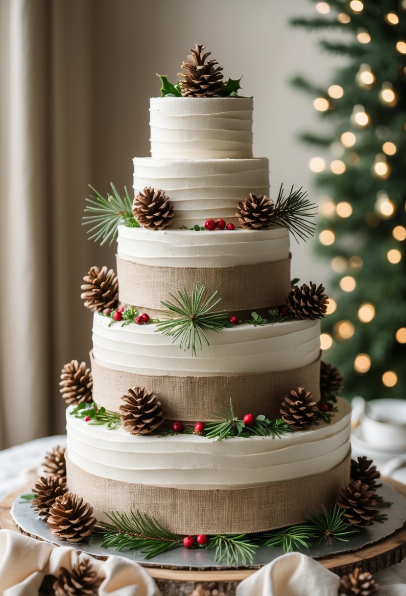 A multi-tiered wedding cake decorated with burlap ribbons and pinecones on each tier.