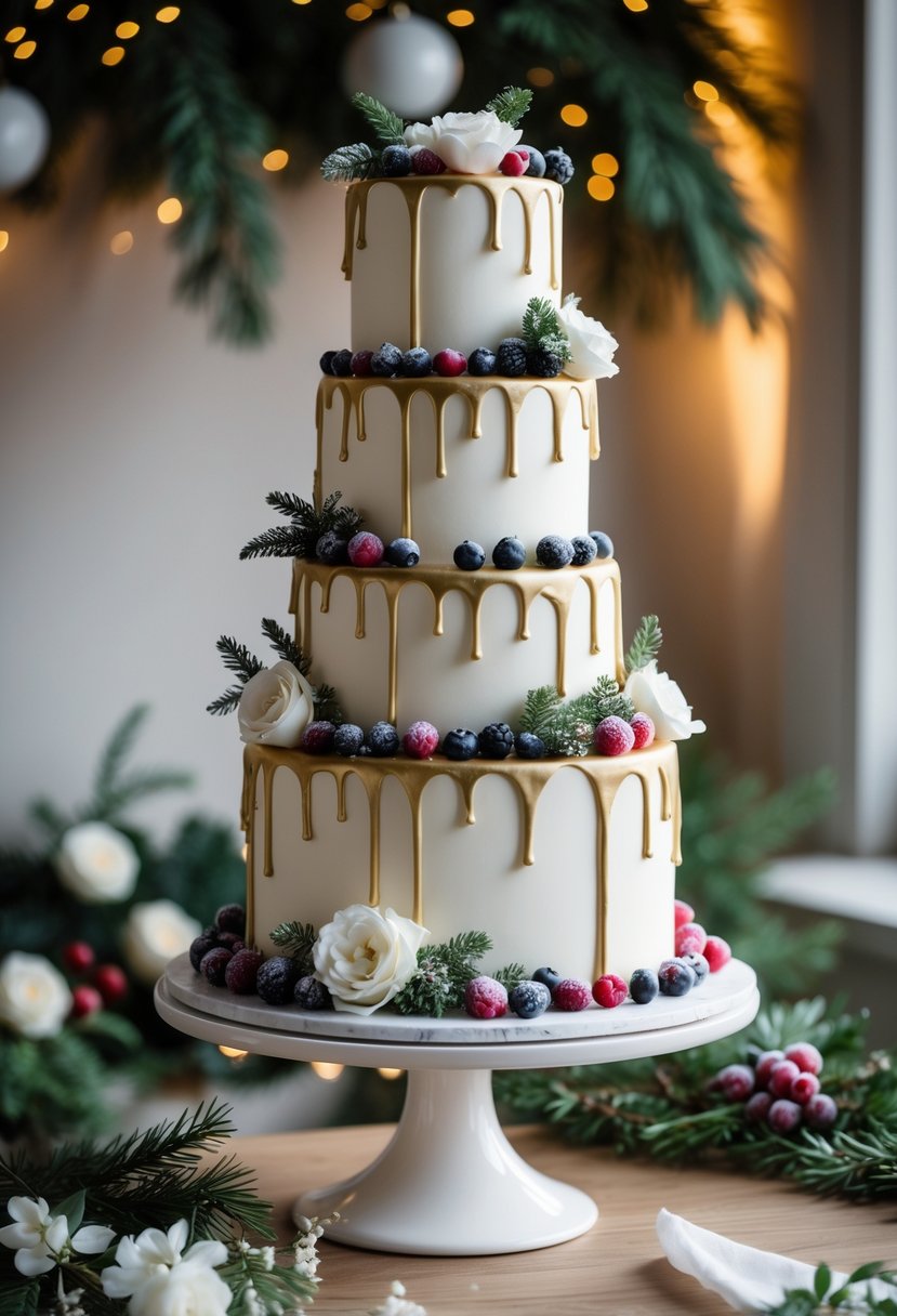 A multi-tiered white wedding cake with gold drip decoration and sugared red and blue berries, displayed on a wooden table with pine branches and white flowers.