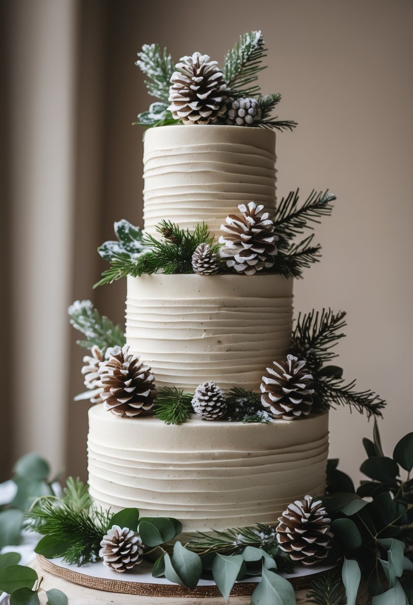 A multi-tiered wedding cake decorated with snowy pinecones and green foliage.