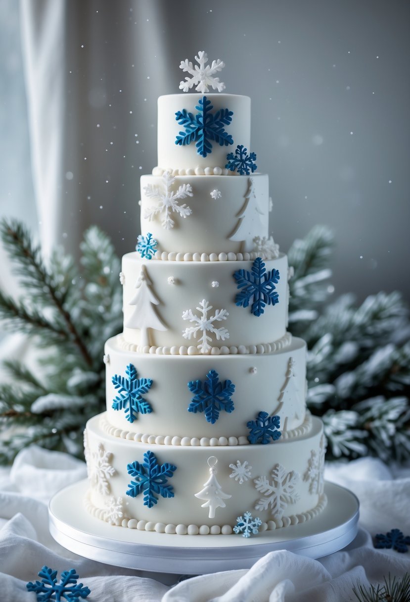 A multi-tiered white wedding cake decorated with blue and white snowflakes.