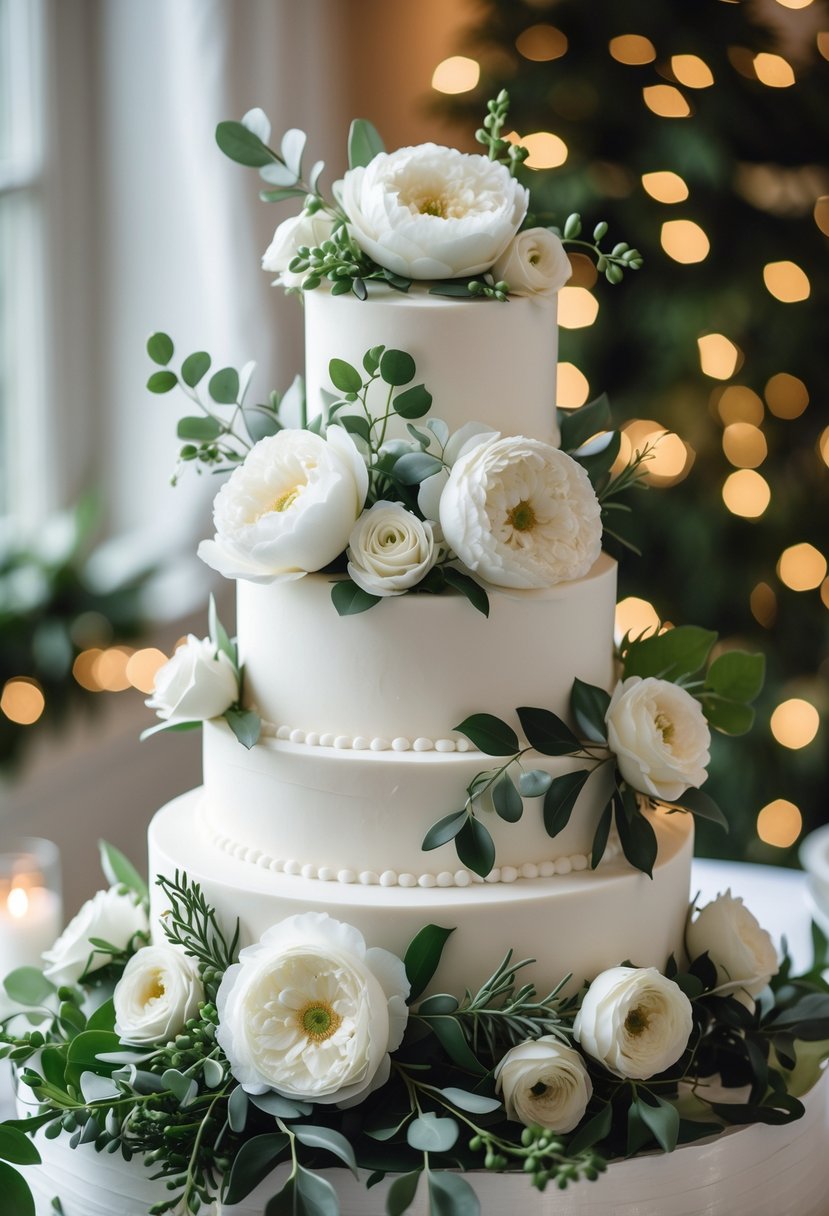 A multi-tiered white wedding cake decorated with white flowers and green leaves on a softly lit table.
