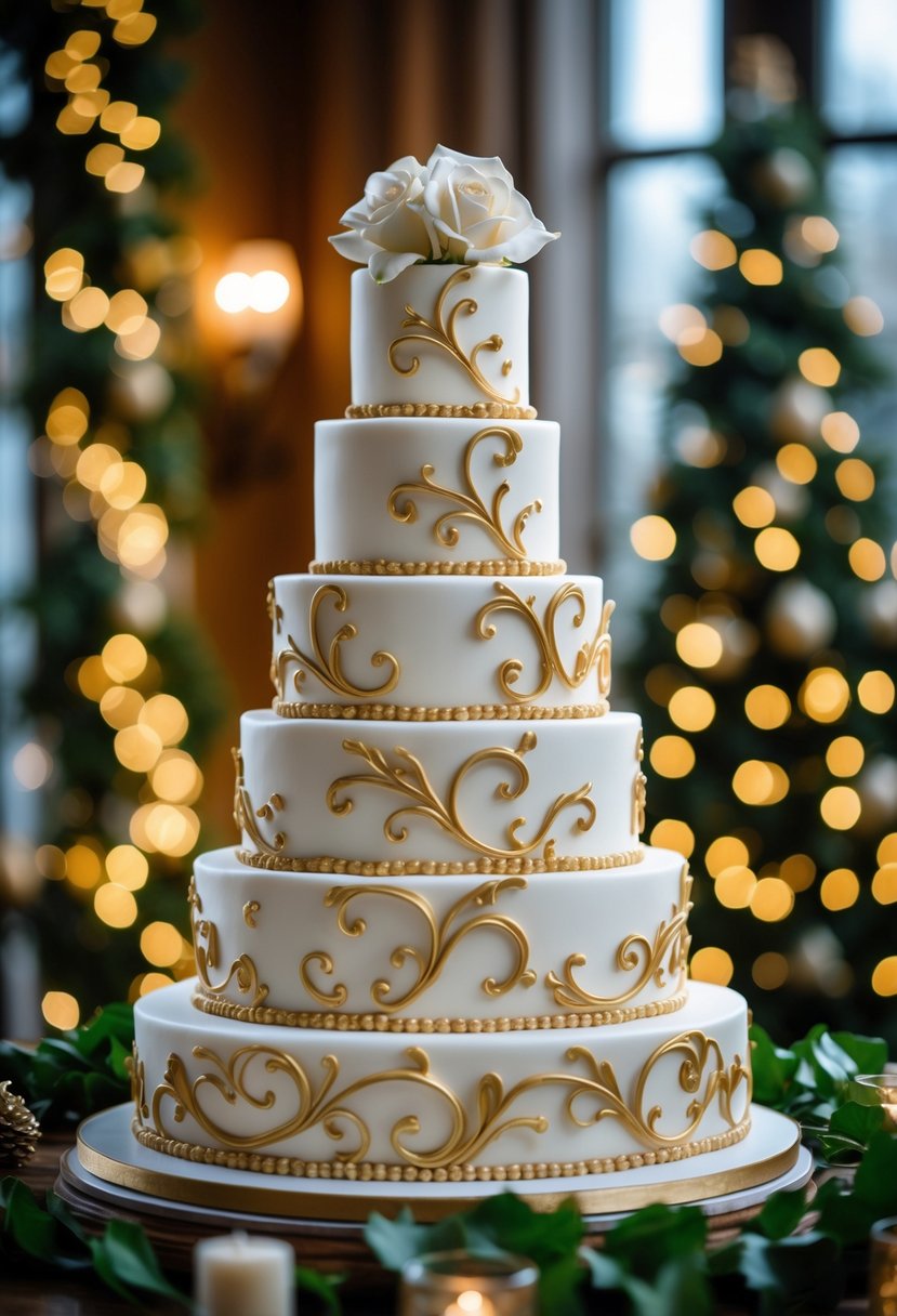 A multi-tiered wedding cake decorated with gold scrollwork on a table with festive Christmas decorations in the background.