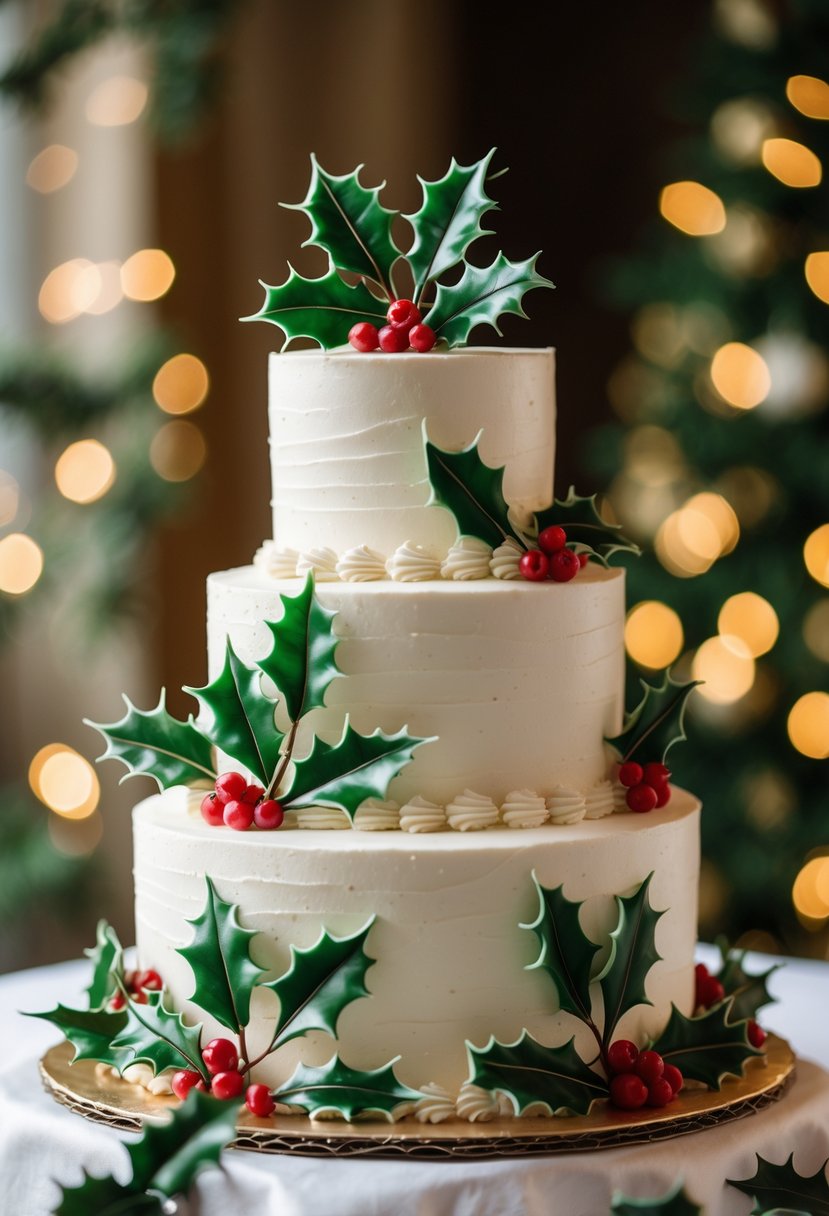 A multi-tiered frosted wedding cake decorated with holly leaves and red berries.