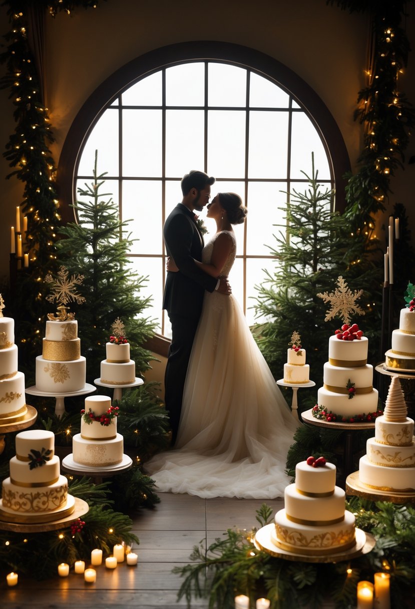 Silhouette of a couple framed by a circular window with multiple decorated Christmas wedding cakes displayed nearby.