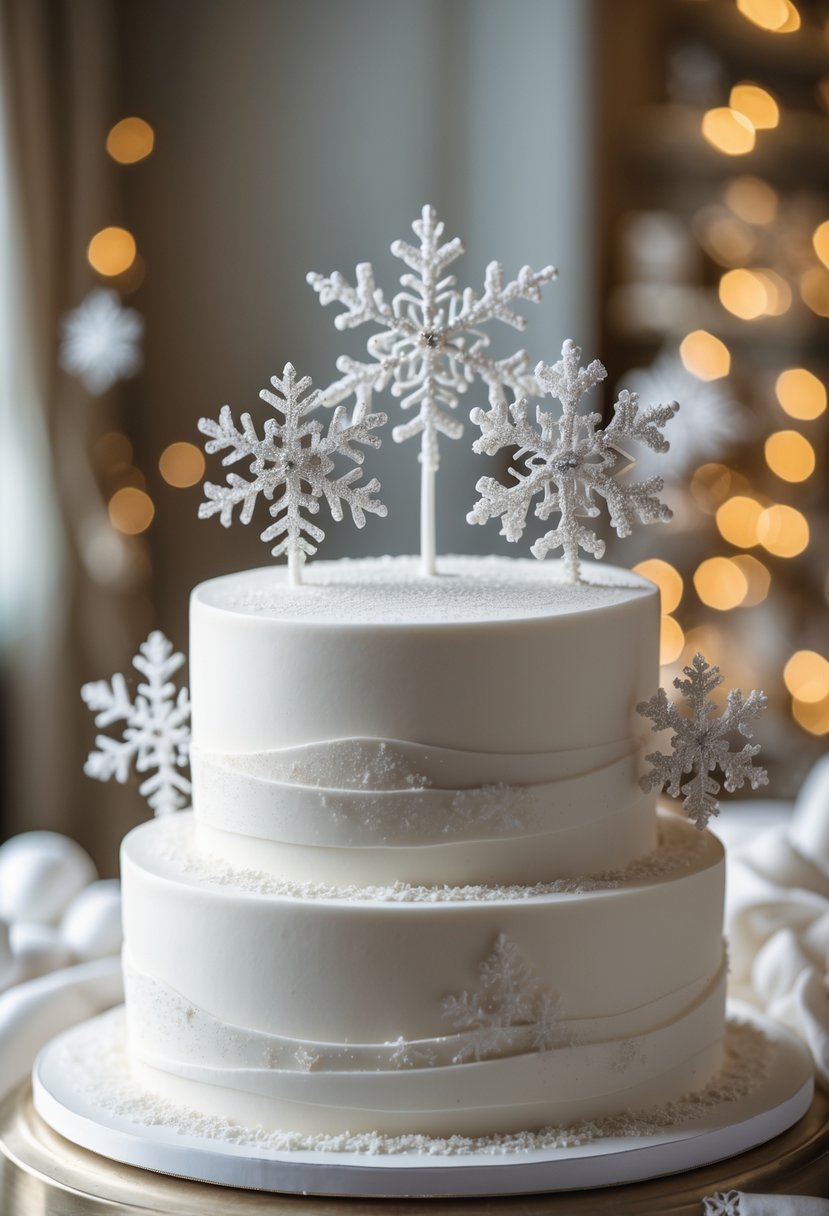 A white wedding cake decorated with glittering snowflake toppers on a table.