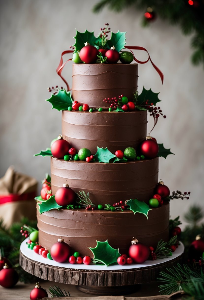 A multi-tiered chocolate cake decorated with red and green edible ornaments on a neutral background.