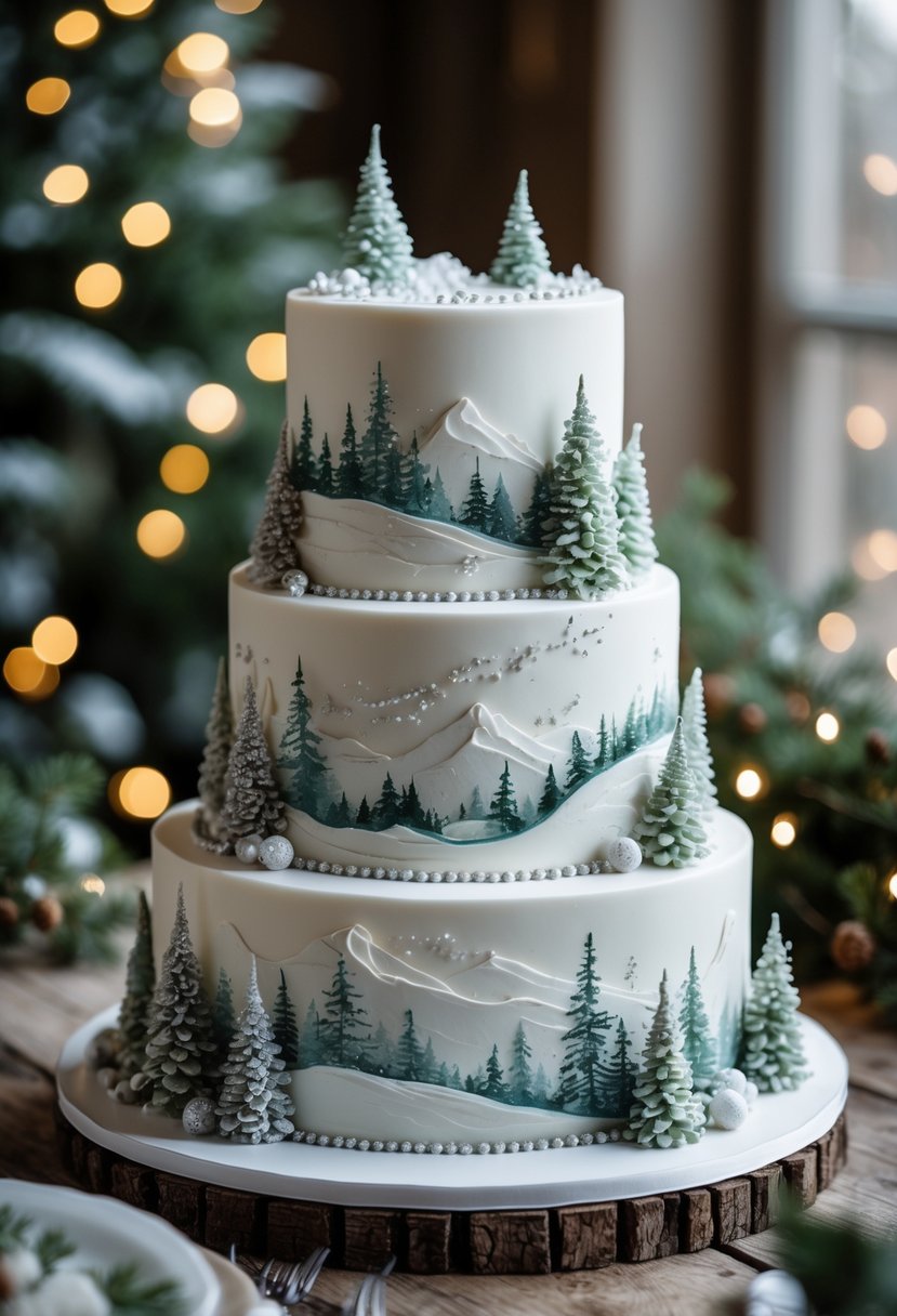 A multi-tiered iced cake decorated with hand-painted winter scenes including snow, pine trees, and festive details.