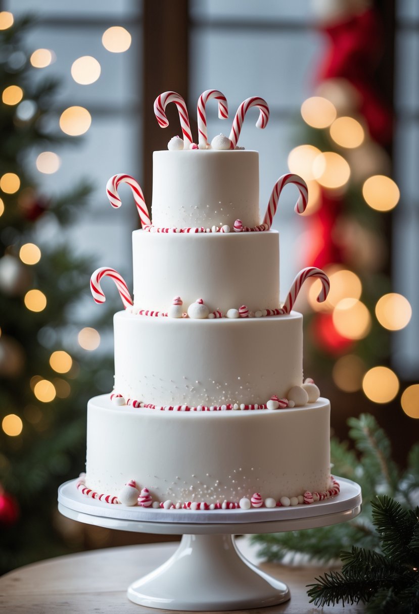 A white wedding cake decorated with small candy cane ornaments on a wooden table with Christmas decorations in the background.