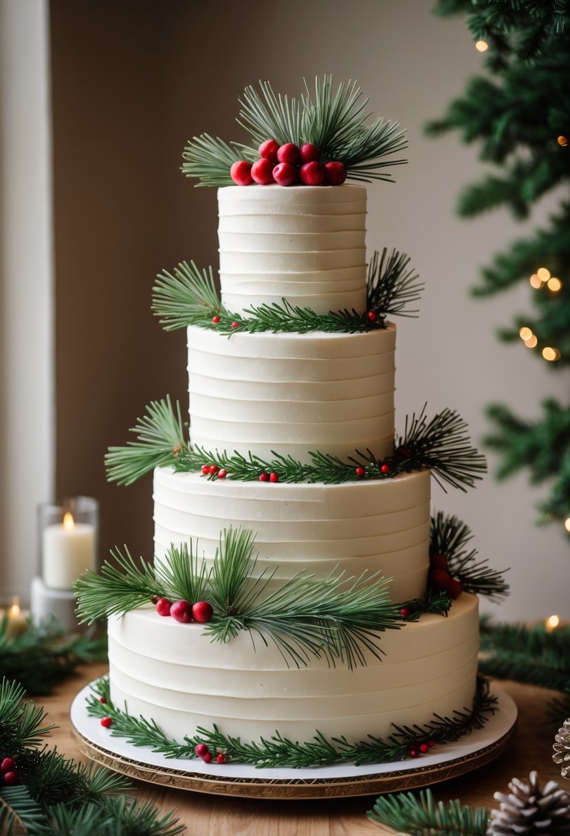 A multi-tiered wedding cake decorated with pine needles and red berries on a simple background.