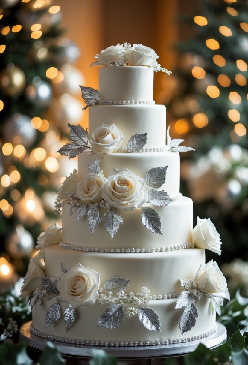 A multi-tiered white wedding cake decorated with white roses and silver leaves on a softly lit table.