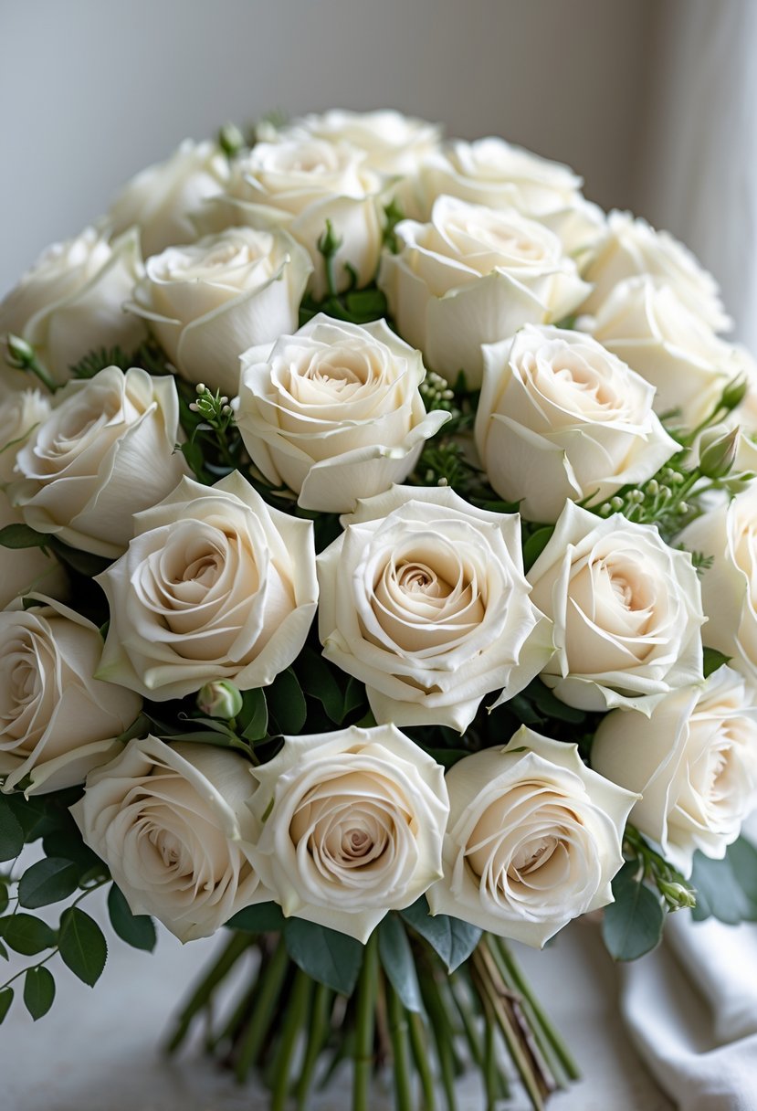 A close-up of a bouquet of soft ivory roses with green leaves.
