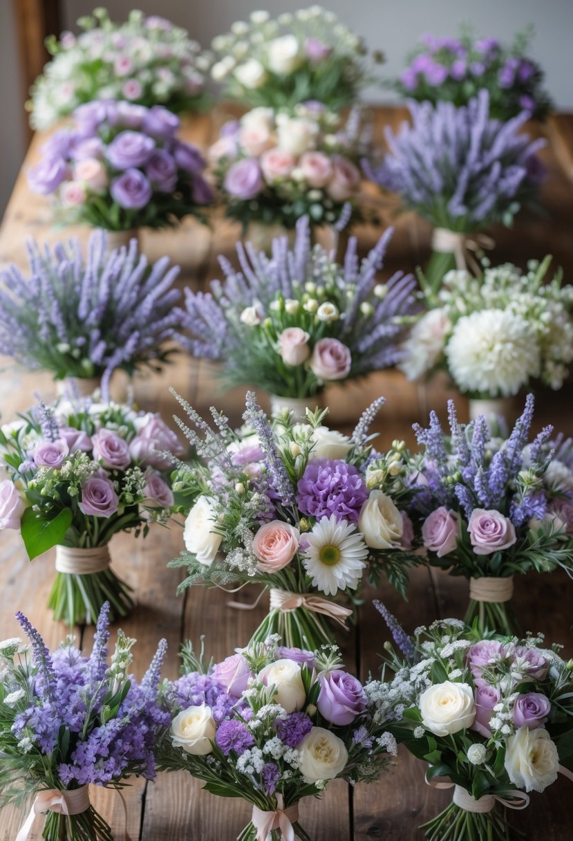 Eighteen colorful bridesmaid bouquets featuring wildflowers and lavender accents arranged on a wooden surface.