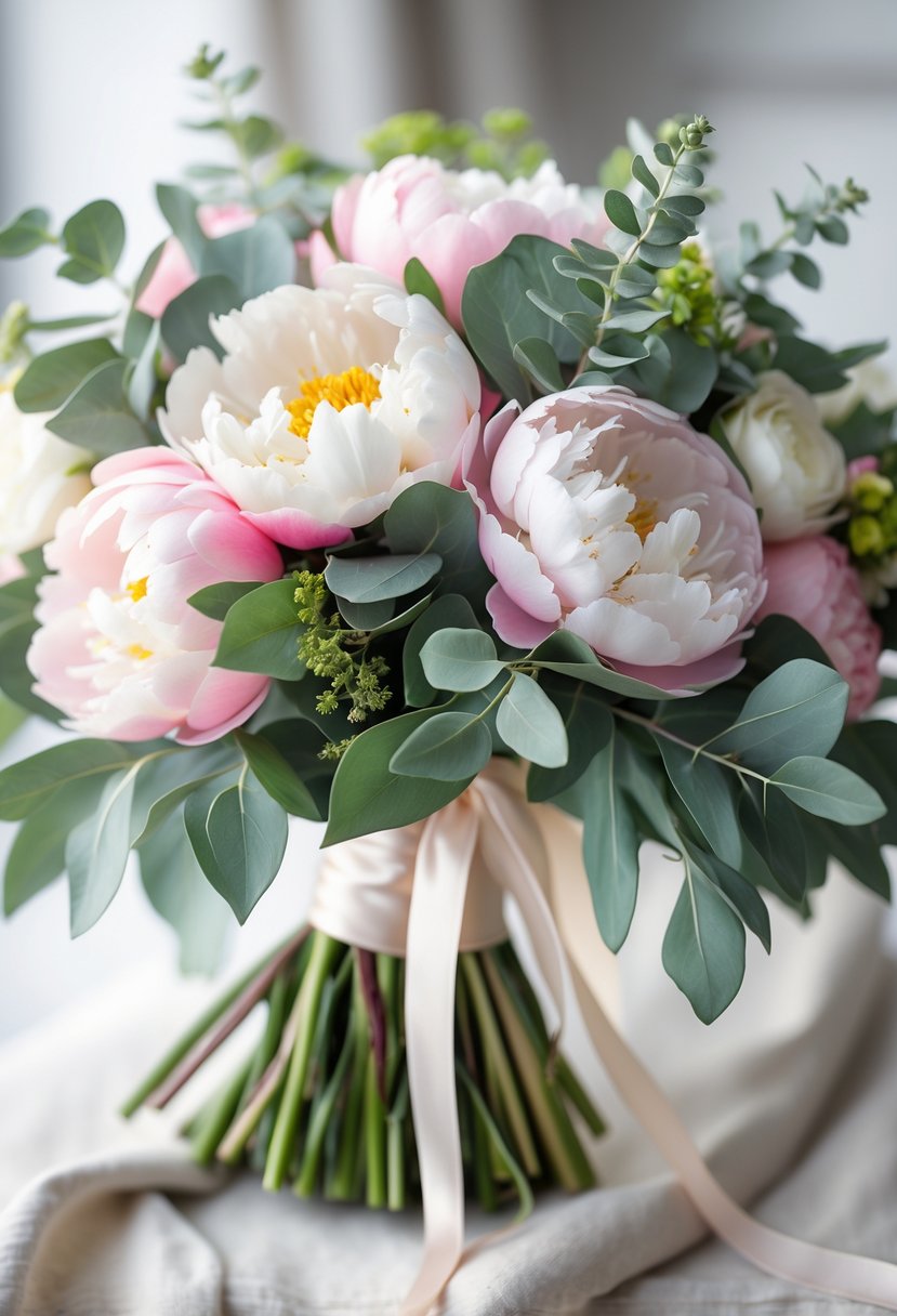 A close-up of a bridesmaid bouquet with pink and white peonies and green eucalyptus leaves tied with a ribbon.