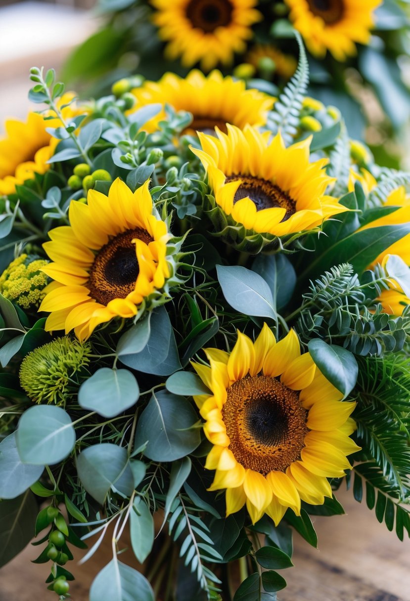 A bouquet of bright yellow sunflowers surrounded by green leaves.