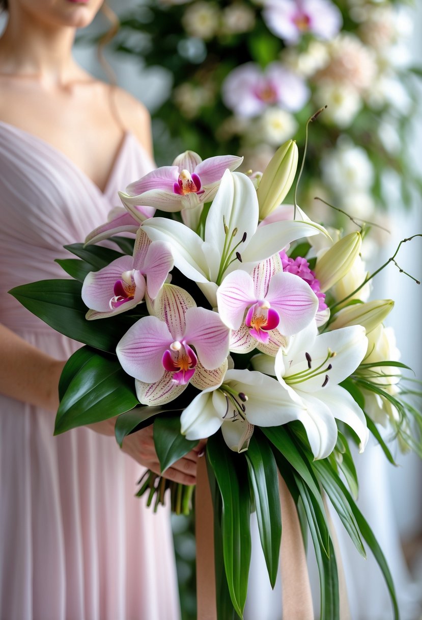 A bridesmaid holding a bouquet of pink orchids and white lilies with green leaves at a wedding ceremony.