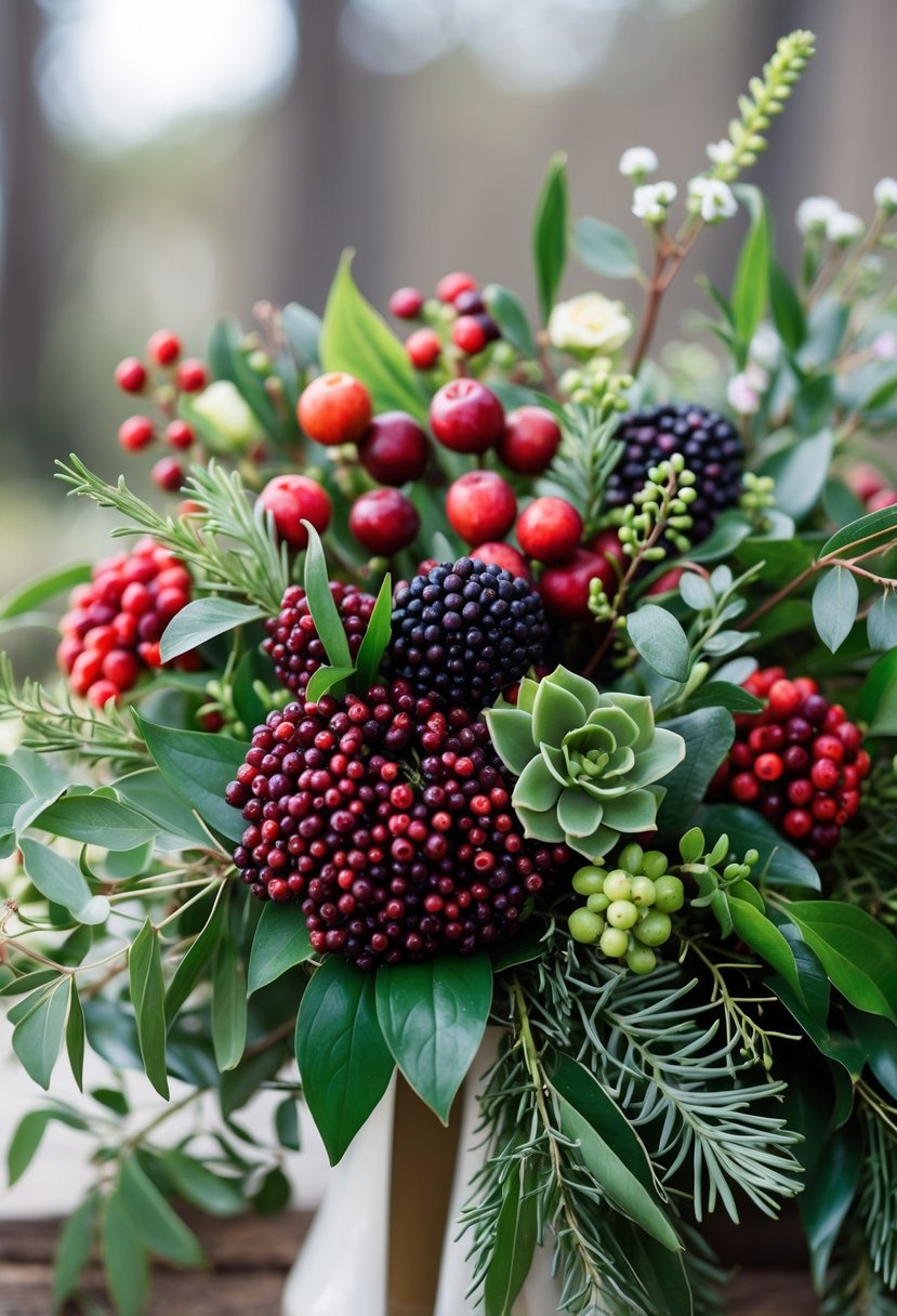 A close-up of a bridesmaid bouquet with red and purple berries and green leaves.