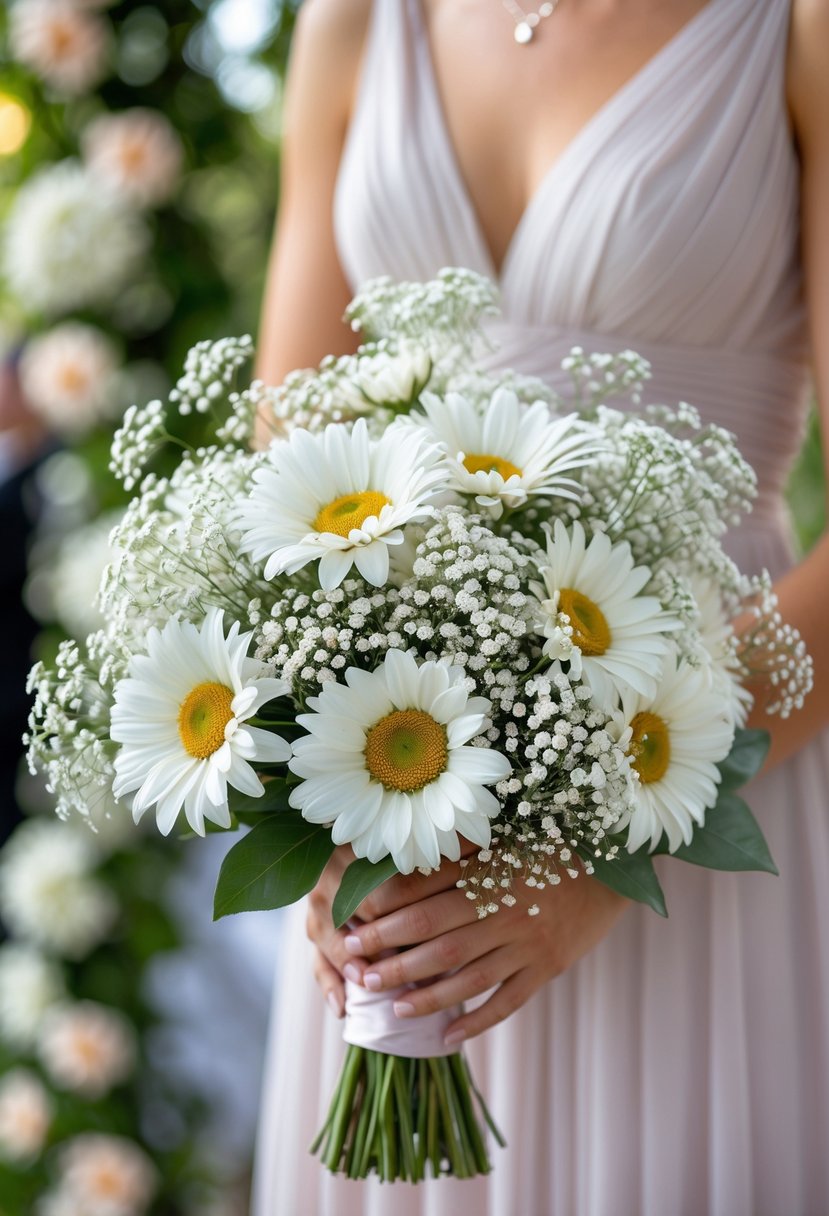 A bridesmaid holding a bouquet of white daisies and baby's breath flowers outdoors during a wedding ceremony.