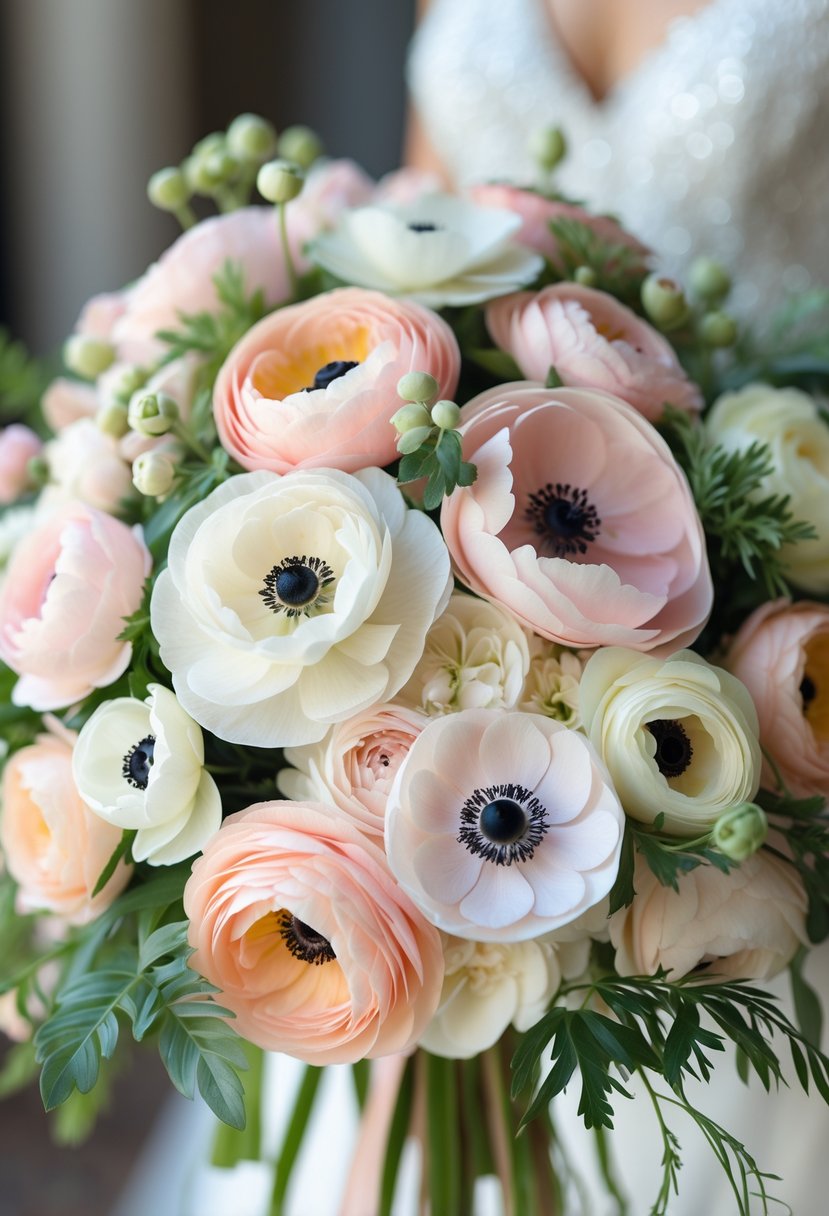 A close-up of a bridal bouquet with ranunculus and anemone flowers in soft pastel colors and green leaves.