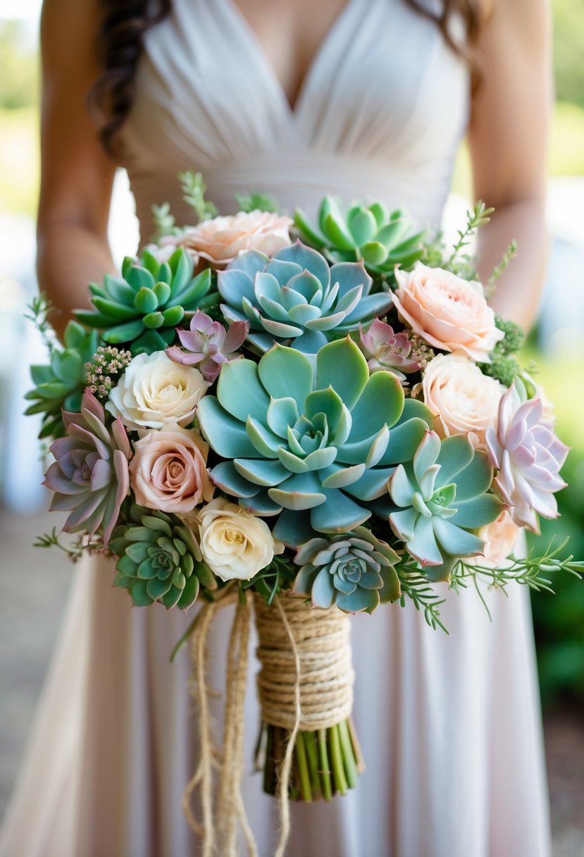 A bridesmaid holding a beautiful bouquet featuring green succulents and pastel flowers with a blurred outdoor wedding background.